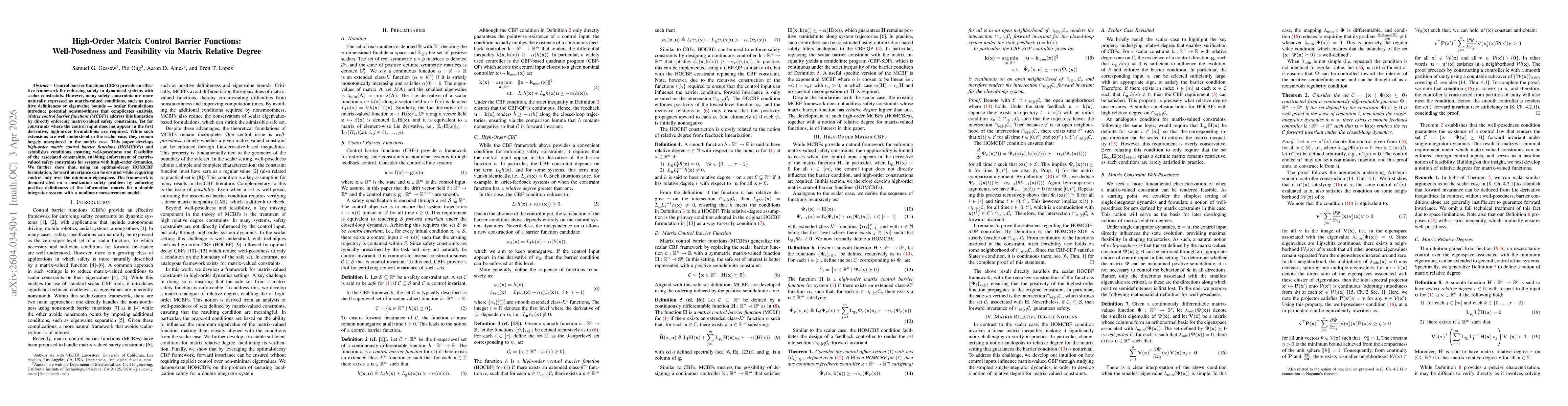 Thumbnail for High-Order Matrix Control Barrier Functions: Well-Posedness and Feasibility via Matrix Relative Degree