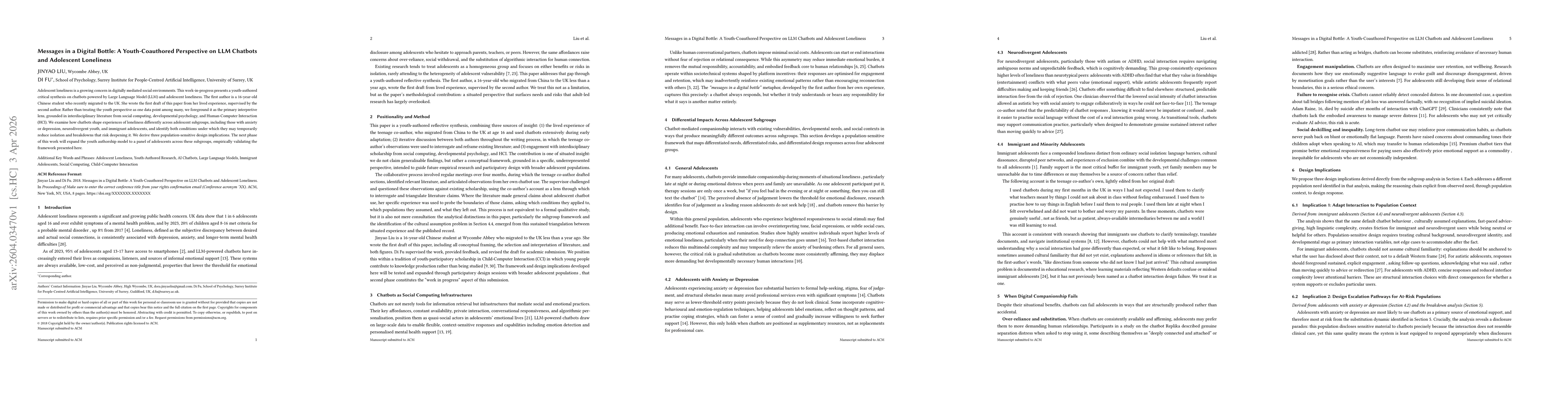 Thumbnail for Messages in a Digital Bottle: A Youth-Coauthored Perspective on LLM Chatbots and Adolescent Loneliness