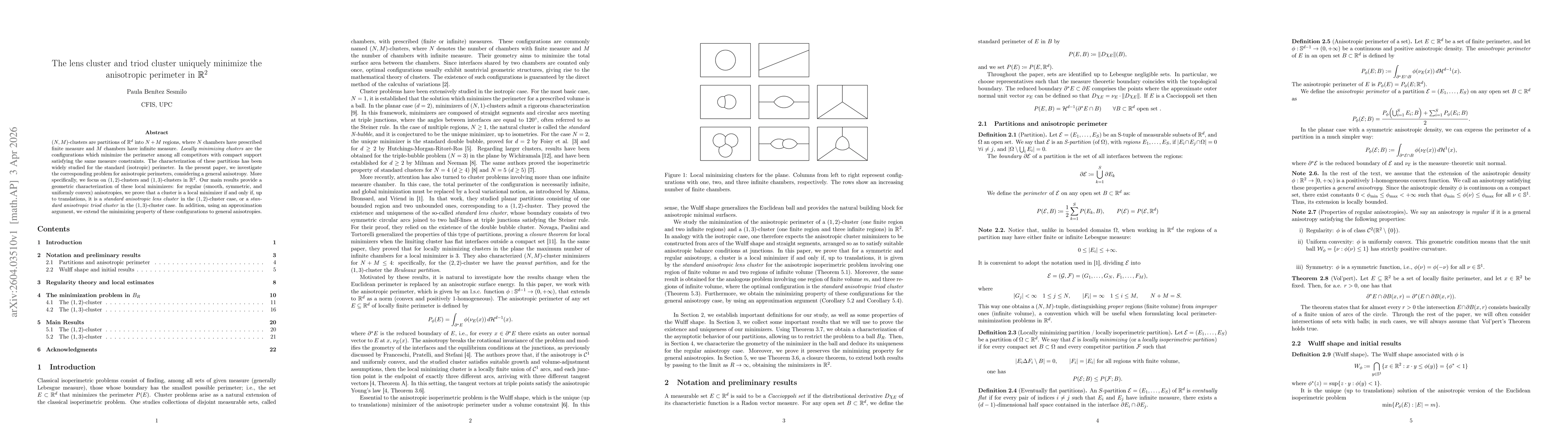 Thumbnail for The lens cluster and triod cluster uniquely minimize the anisotropic perimeter in $\mathbb{R}^2$