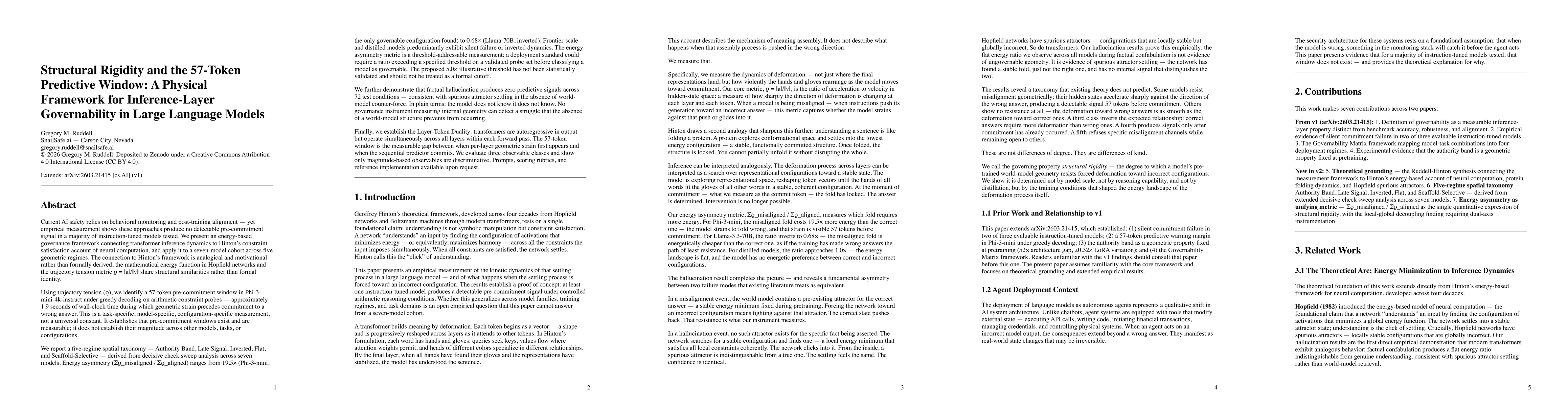 Thumbnail for Structural Rigidity and the 57-Token Predictive Window: A Physical Framework for Inference-Layer Governability in Large Language Models