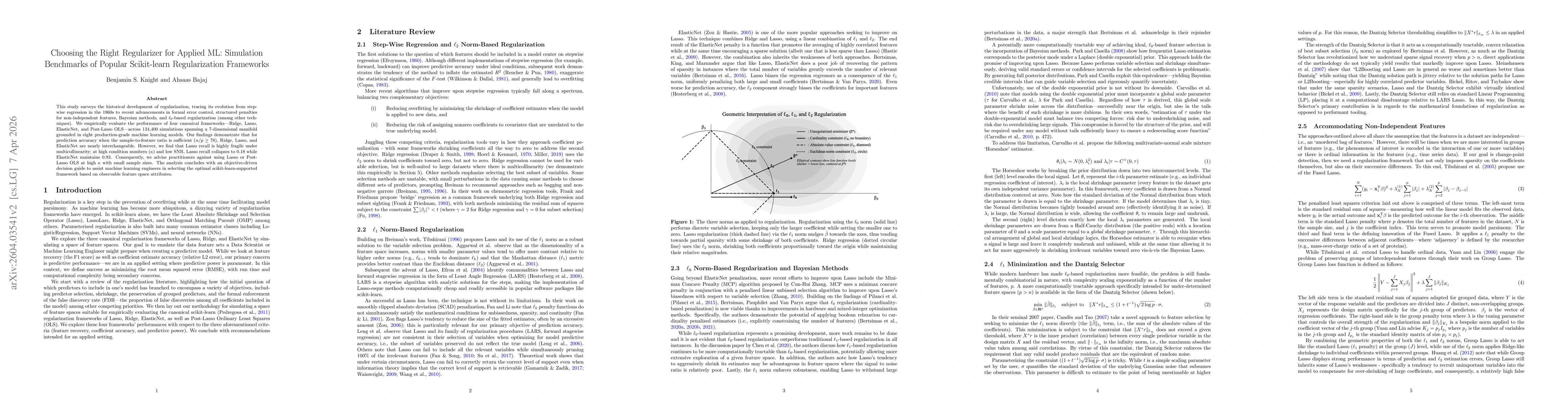 Thumbnail for Choosing the Right Regularizer for Applied ML: Simulation Benchmarks of Popular Scikit-learn Regularization Frameworks