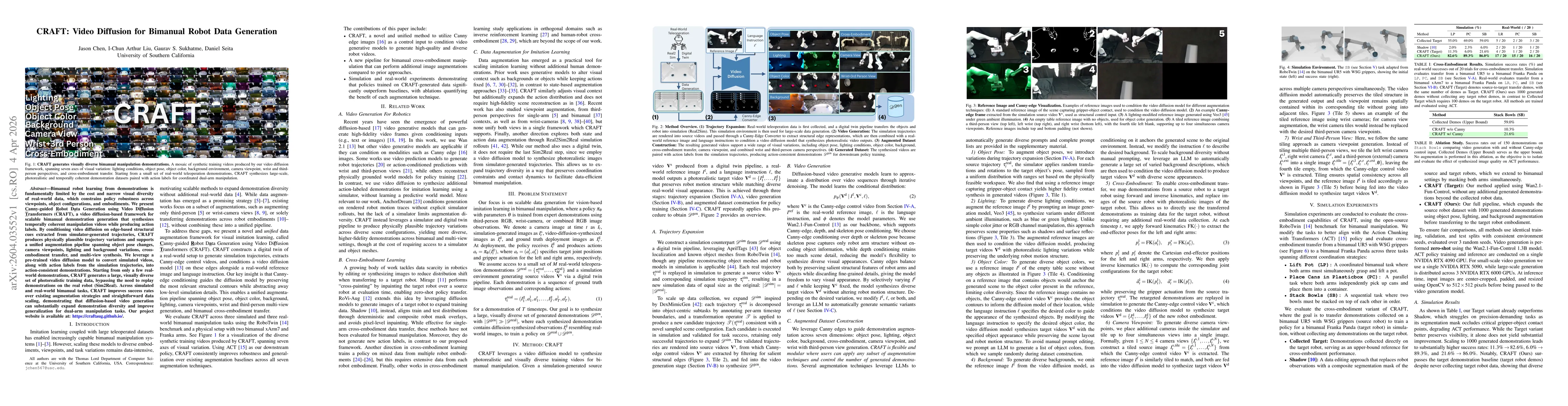 Thumbnail for CRAFT: Video Diffusion for Bimanual Robot Data Generation