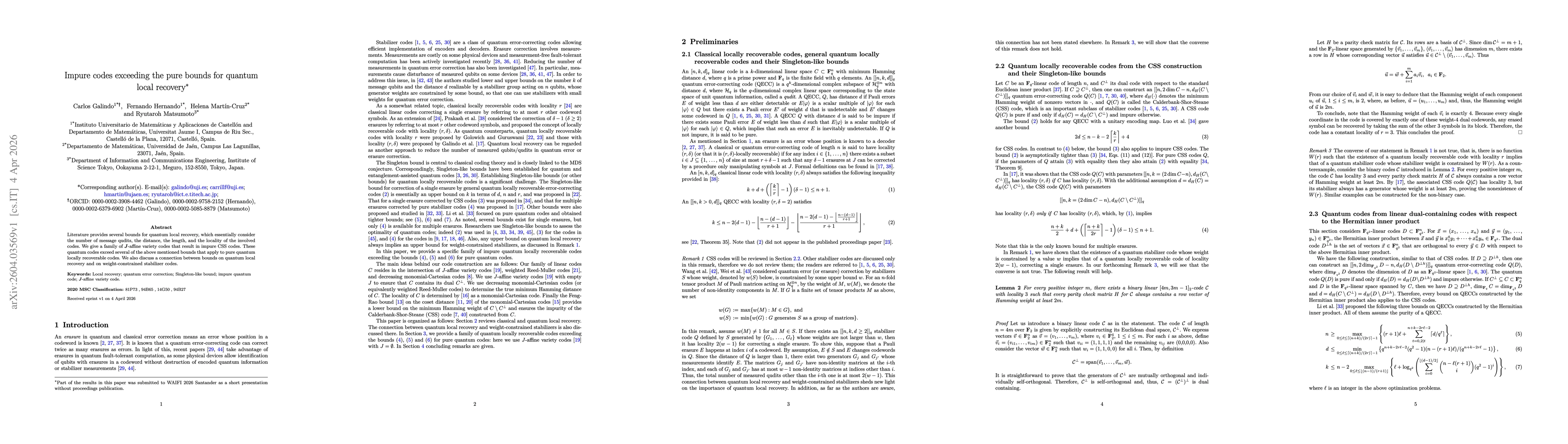 Thumbnail for Impure codes exceeding the pure bounds for quantum local recovery