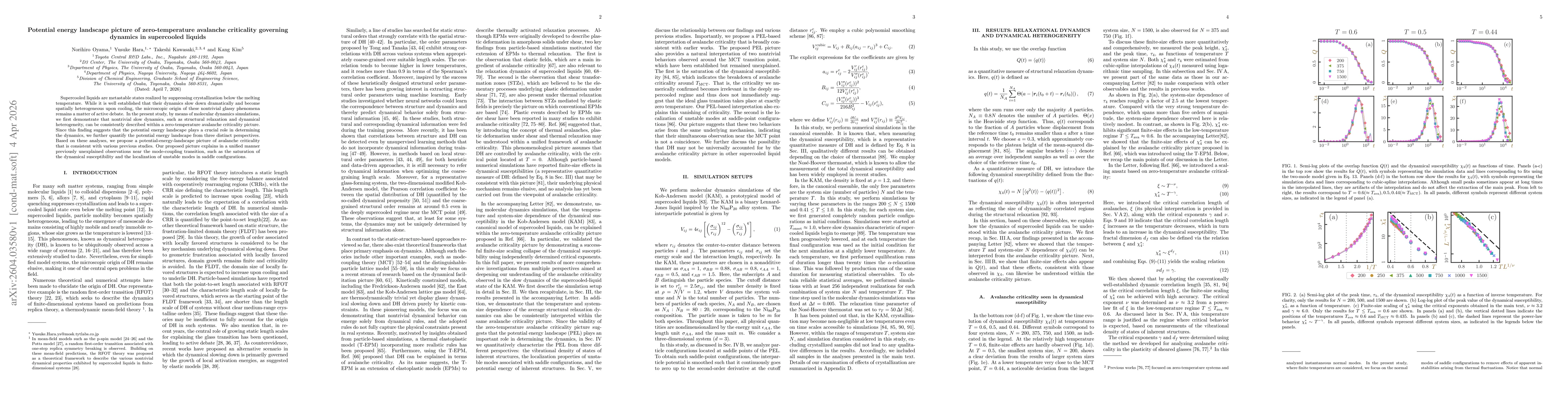 Thumbnail for Potential energy landscape picture of zero-temperature avalanche criticality governing dynamics in supercooled liquids