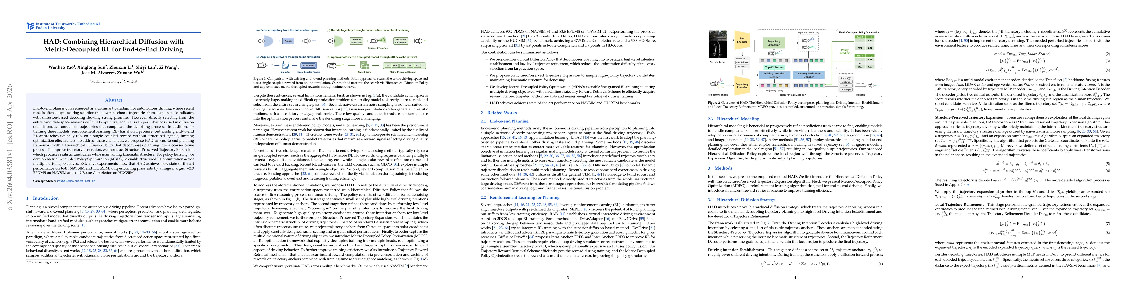 Thumbnail for HAD: Combining Hierarchical Diffusion with Metric-Decoupled RL for End-to-End Driving