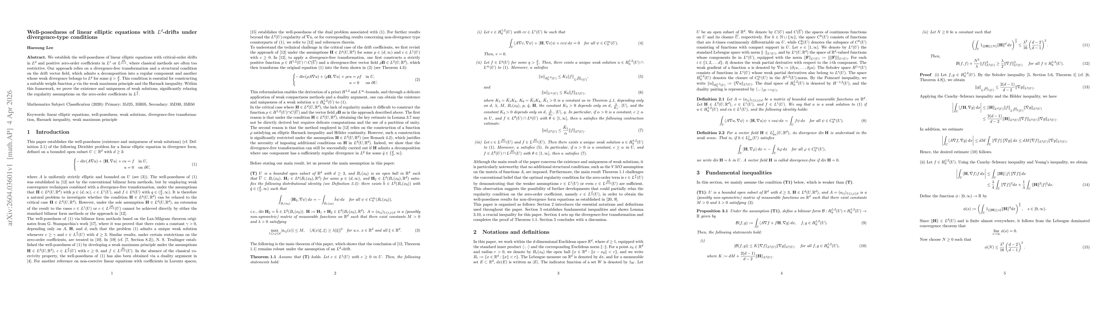Thumbnail for Well-posedness of linear elliptic equations with $L^d$-drifts under divergence-type conditions