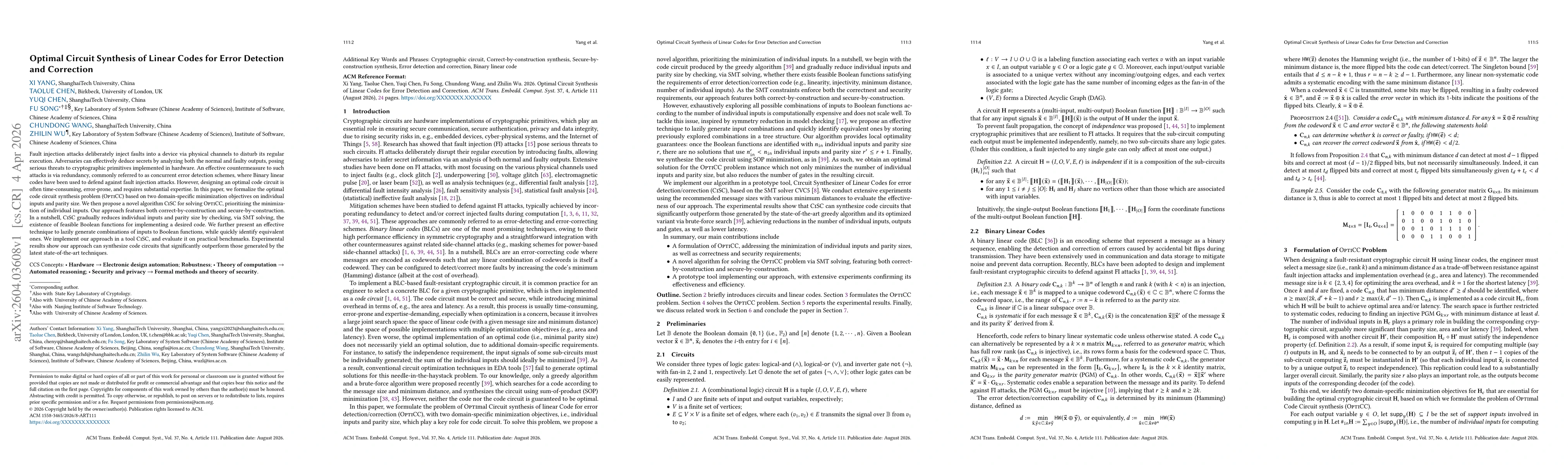Thumbnail for Optimal Circuit Synthesis of Linear Codes for Error Detection and Correction