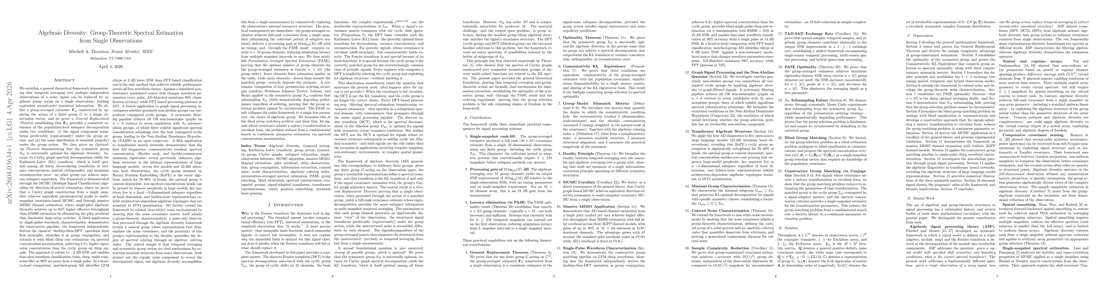 Thumbnail for Algebraic Diversity: Group-Theoretic Spectral Estimation from Single Observations