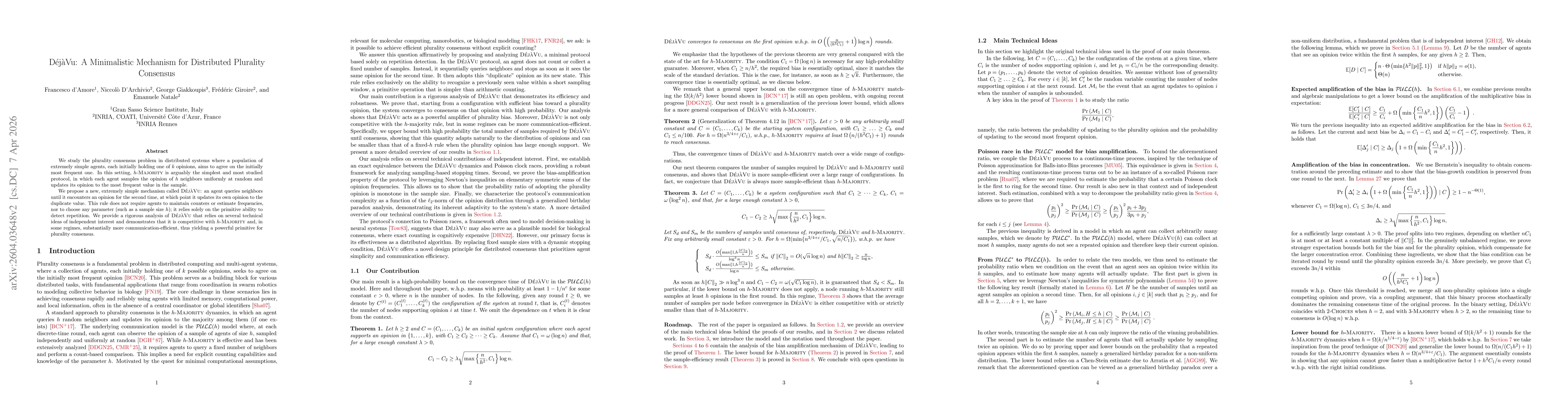 Thumbnail for DéjàVu: A Minimalistic Mechanism for Distributed Plurality Consensus