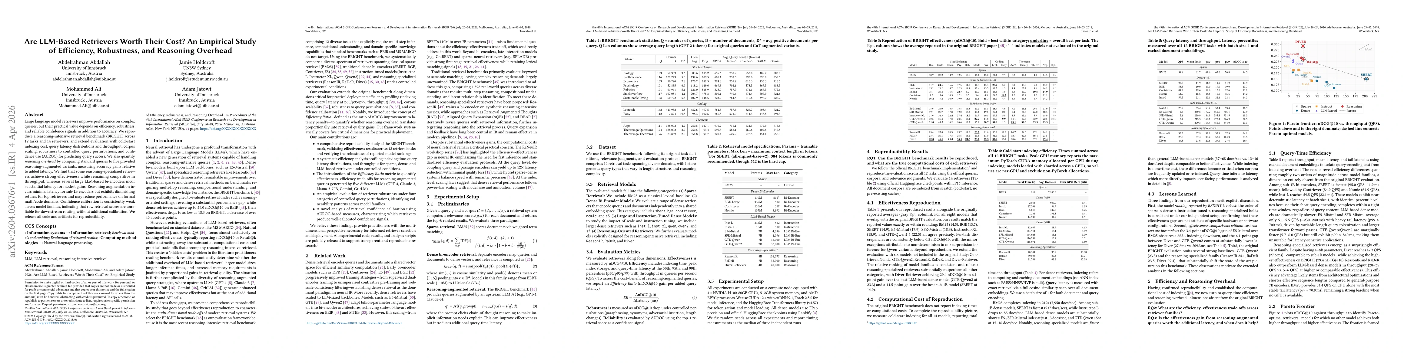 Thumbnail for Are LLM-Based Retrievers Worth Their Cost? An Empirical Study of Efficiency, Robustness, and Reasoning Overhead
