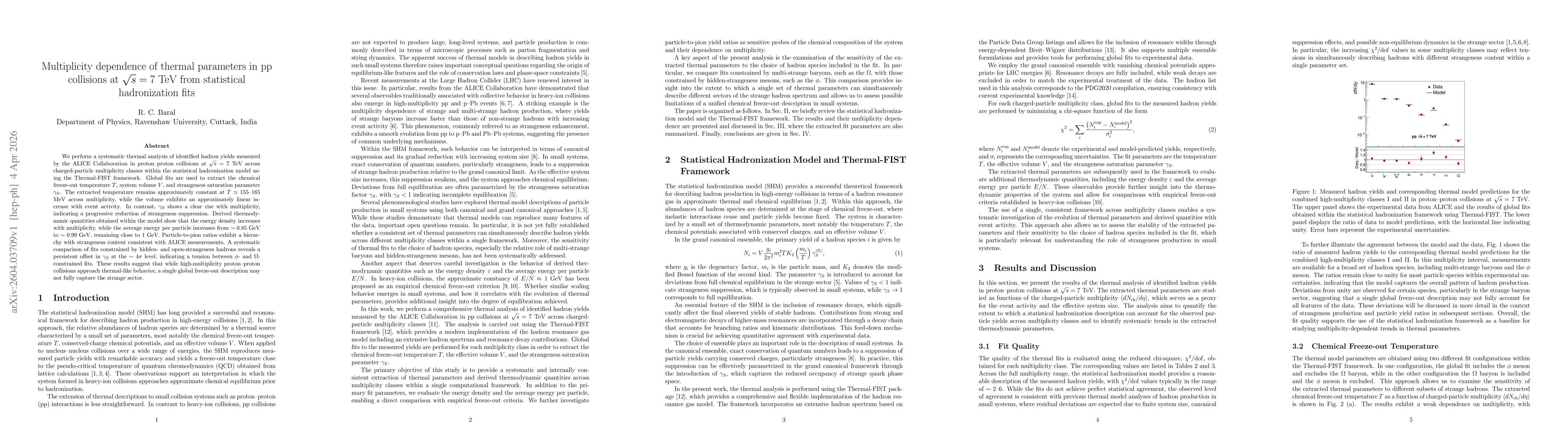 Thumbnail for Multiplicity dependence of thermal parameters in pp collisions at $\sqrt{s}=7$ TeV from statistical hadronization fits
