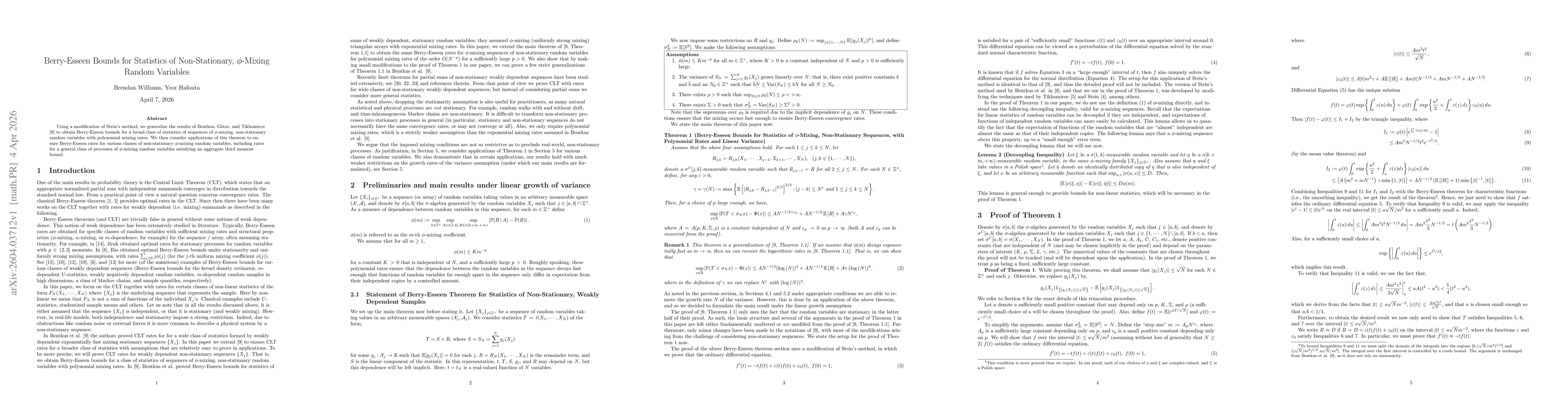 Thumbnail for Berry-Esseen Bounds for Statistics of Non-Stationary, $φ$-Mixing Random Variables