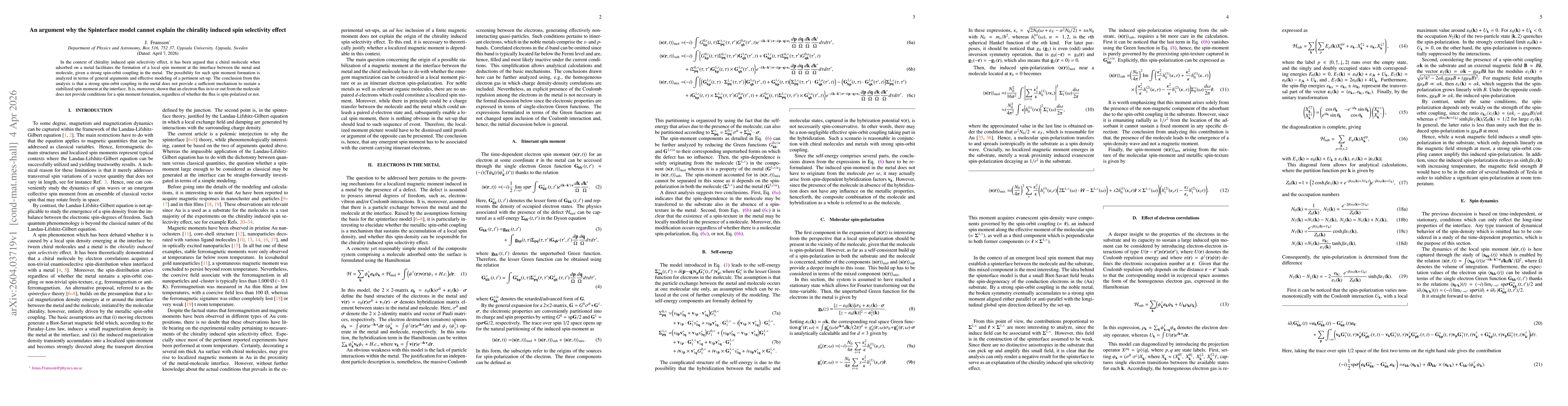 Thumbnail for An argument why the Spinterface model cannot explain the chirality induced spin selectivity effect