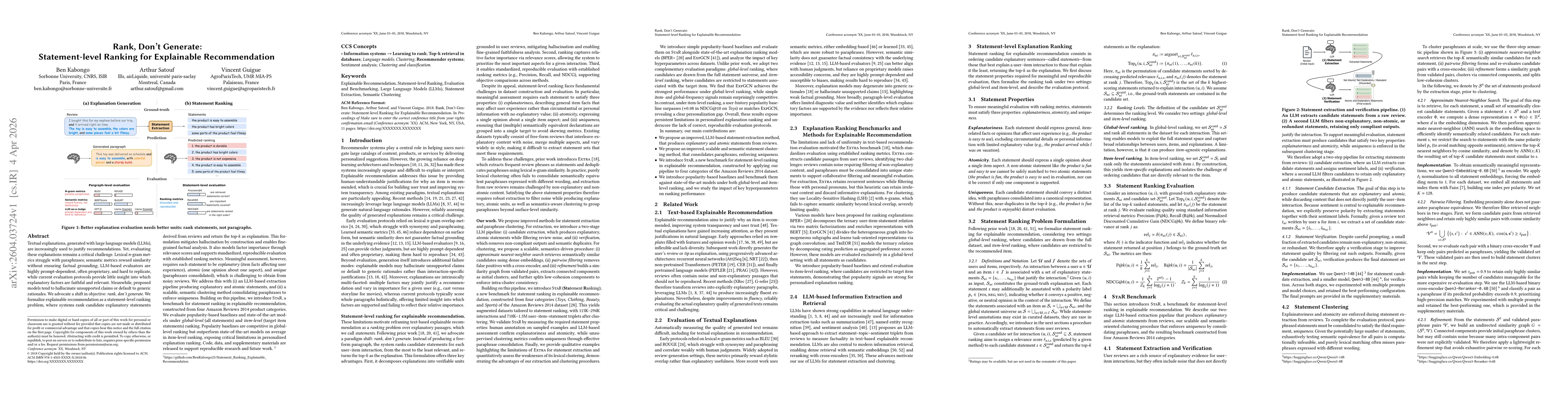 Thumbnail for Rank, Don't Generate: Statement-level Ranking for Explainable Recommendation