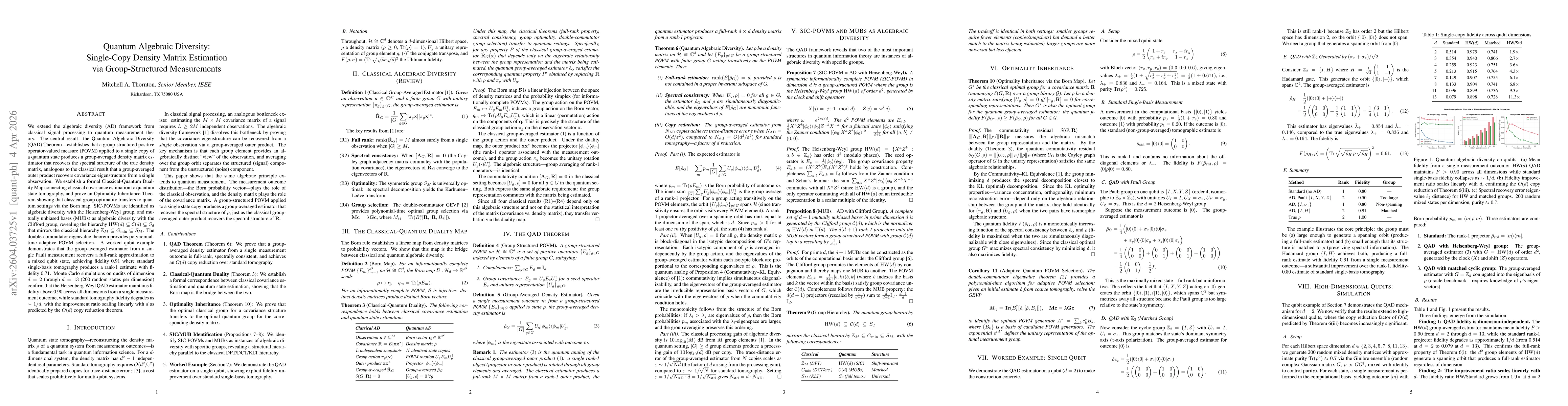 Thumbnail for Quantum Algebraic Diversity: Single-Copy Density Matrix Estimation via Group-Structured Measurements