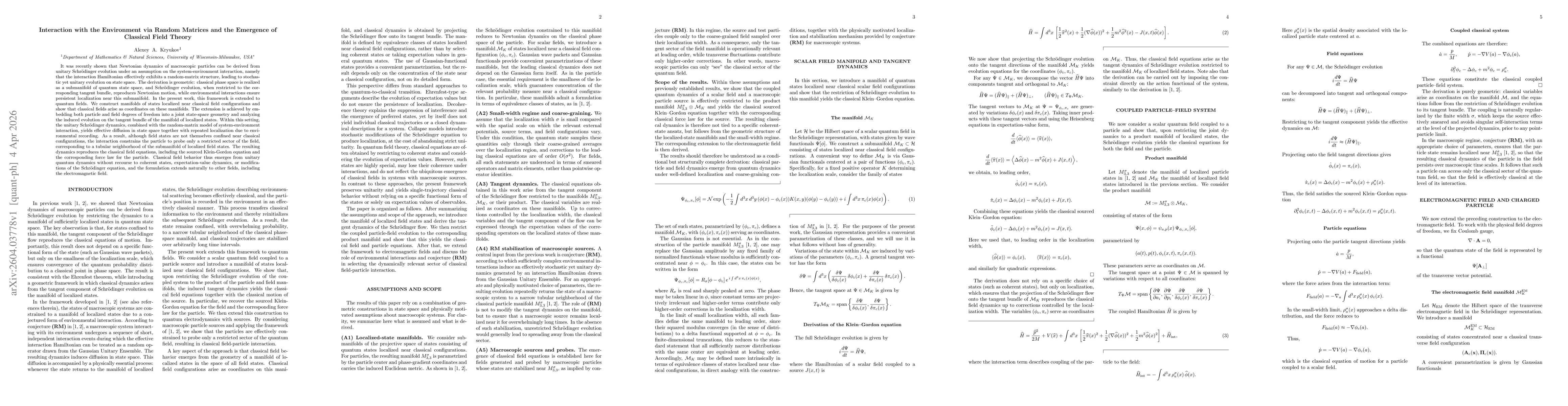 Thumbnail for Interaction with the Environment via Random Matrices and the Emergence of Classical Field Theory
