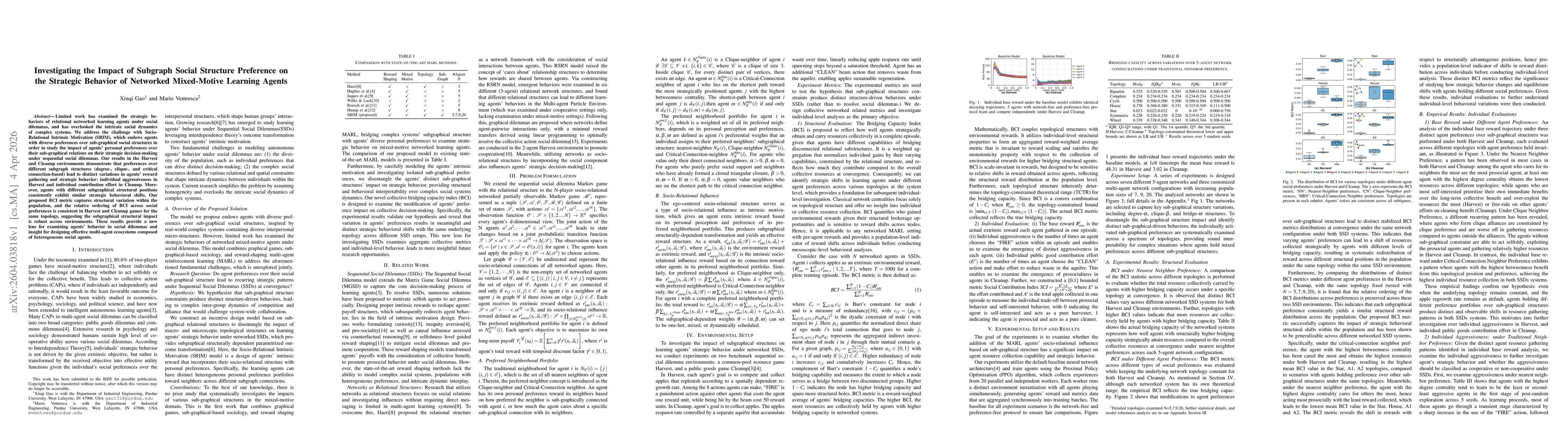 Thumbnail for Investigating the Impact of Subgraph Social Structure Preference on the Strategic Behavior of Networked Mixed-Motive Learning Agents
