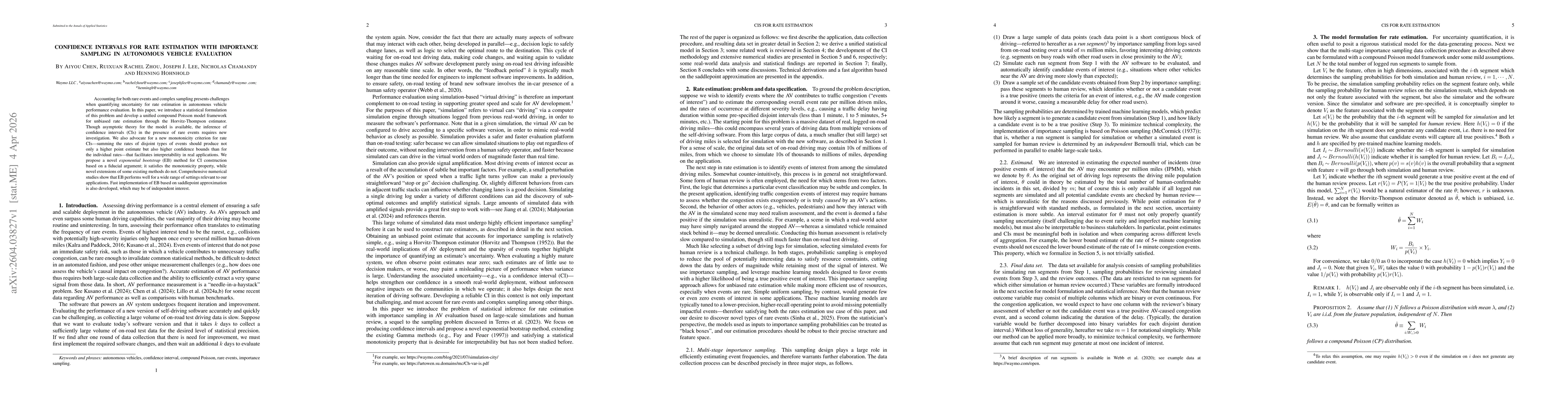 Thumbnail for Confidence Intervals for Rate Estimation with Importance Sampling in Autonomous Vehicle Evaluation