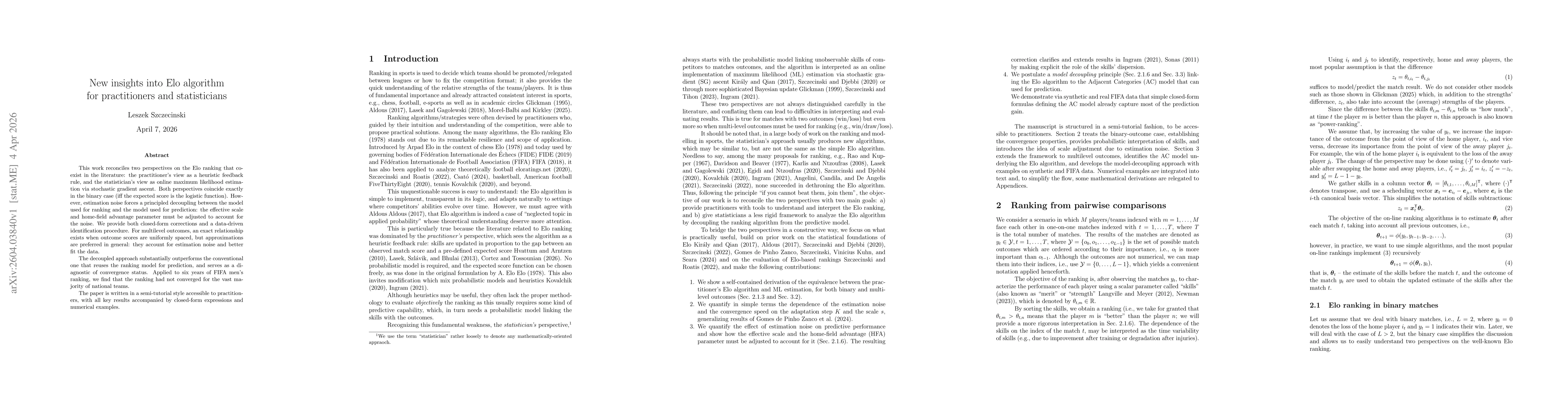 Thumbnail for New insights into Elo algorithm for practitioners and statisticians