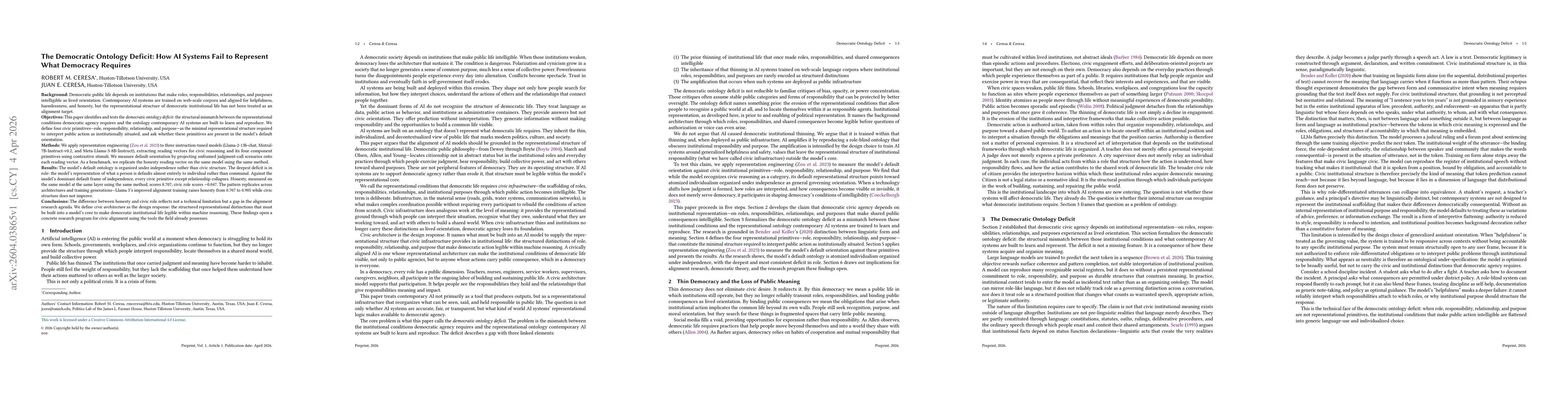 Thumbnail for The Democratic Ontology Deficit: How AI Systems Fail to Represent What Democracy Requires