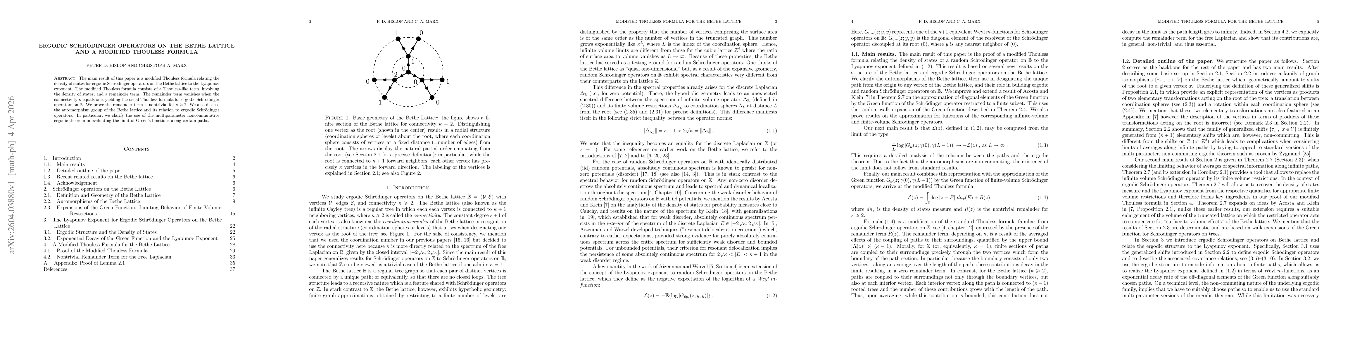Thumbnail for Ergodic Schrodinger operators on the Bethe lattice and a modified Thouless formula