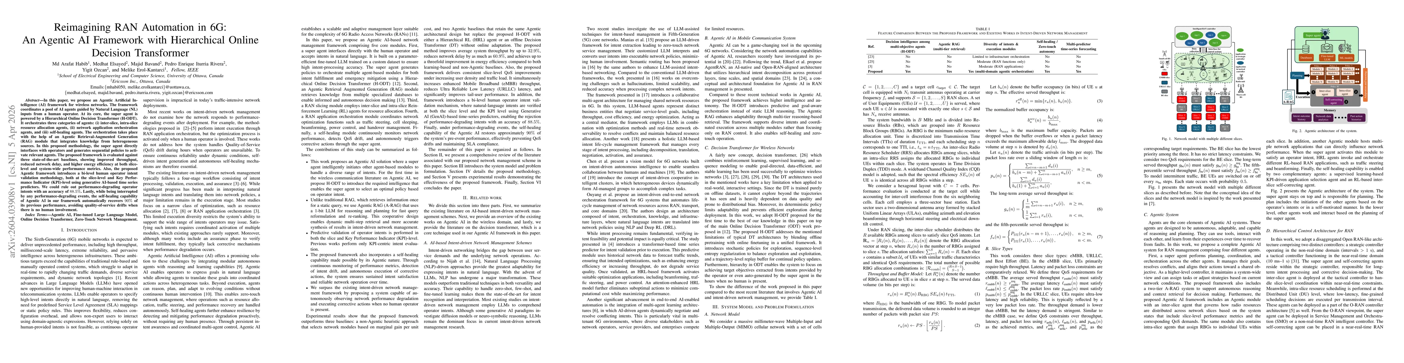 Thumbnail for Reimagining RAN Automation in 6G: An Agentic AI Framework with Hierarchical Online Decision Transformer