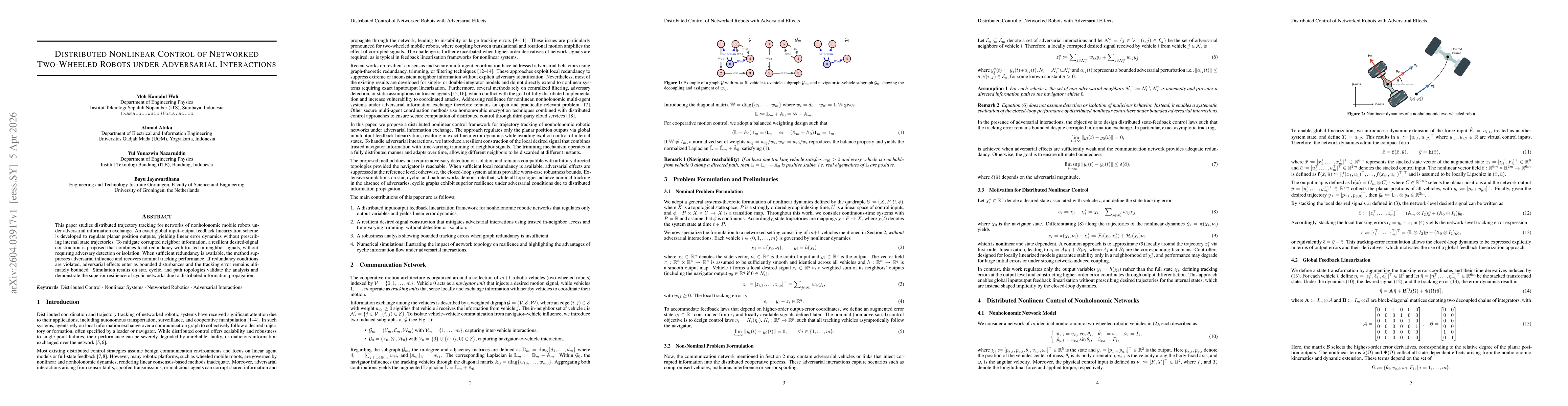 Thumbnail for Distributed Nonlinear Control of Networked Two-Wheeled Robots under Adversarial Interactions