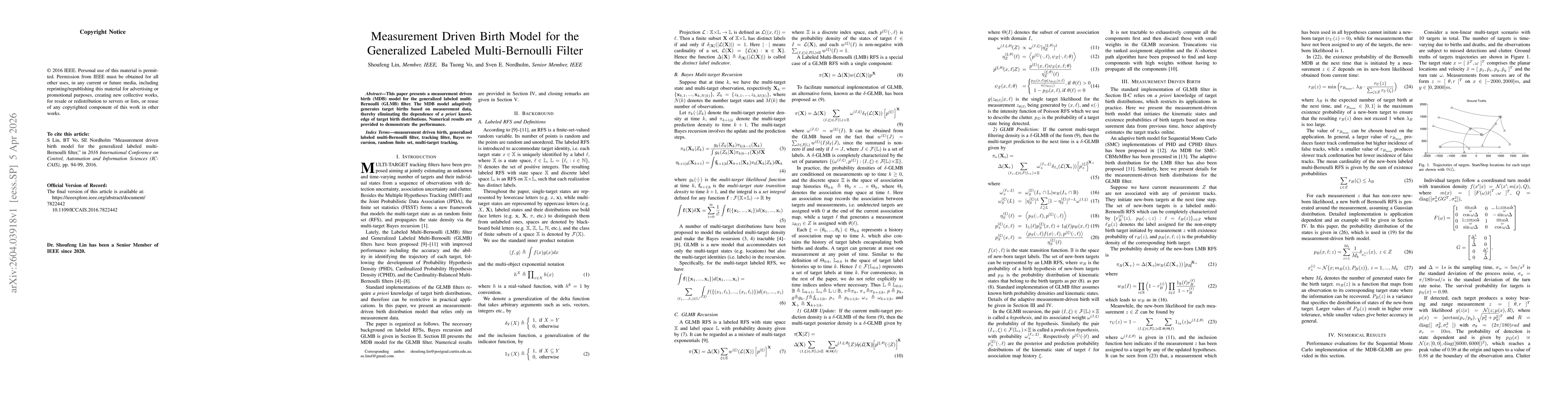 Thumbnail for Measurement driven birth model for the generalized labeled multi-Bernoulli filter