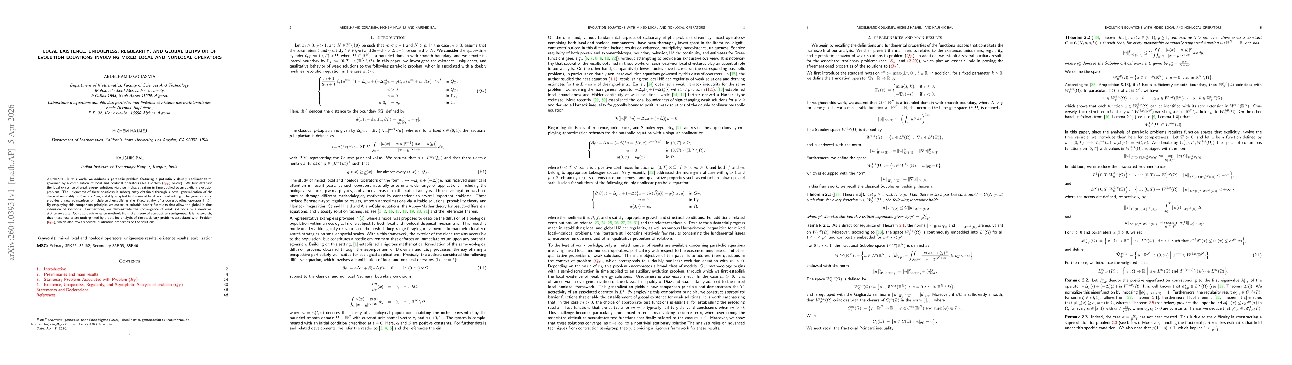 Thumbnail for Local Existence, Uniqueness, Regularity, and Global Behavior of Evolution Equations Involving Mixed Local and Nonlocal Operators