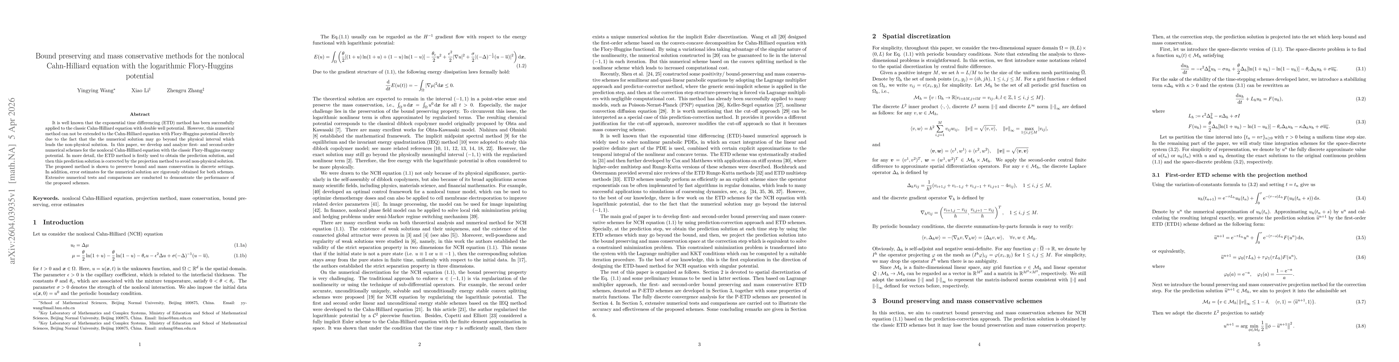 Thumbnail for Bound preserving and mass conservative methods for the nonlocal Cahn-Hilliard equation with the logarithmic Flory-Huggins potential