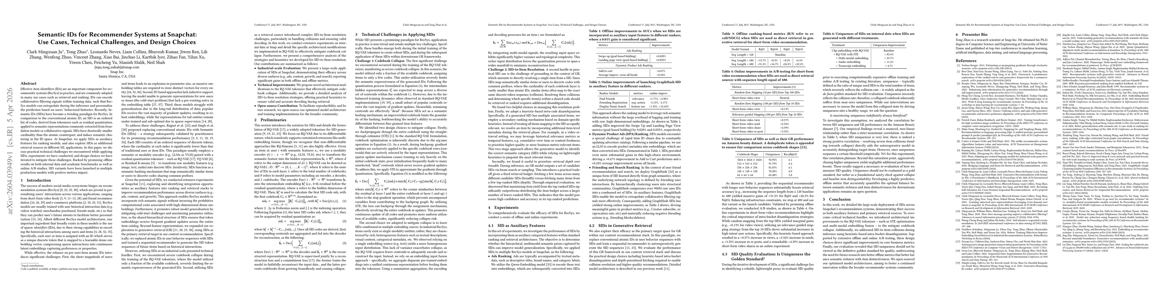 Thumbnail for Semantic IDs for Recommender Systems at Snapchat: Use Cases, Technical Challenges, and Design Choices