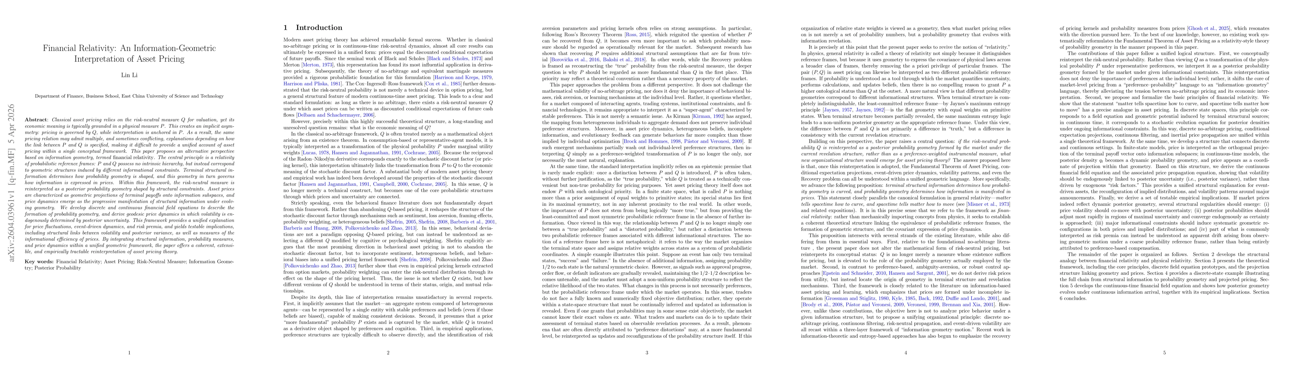 Thumbnail for Financial Relativity: An Information-Geometric Interpretation of Asset Pricing