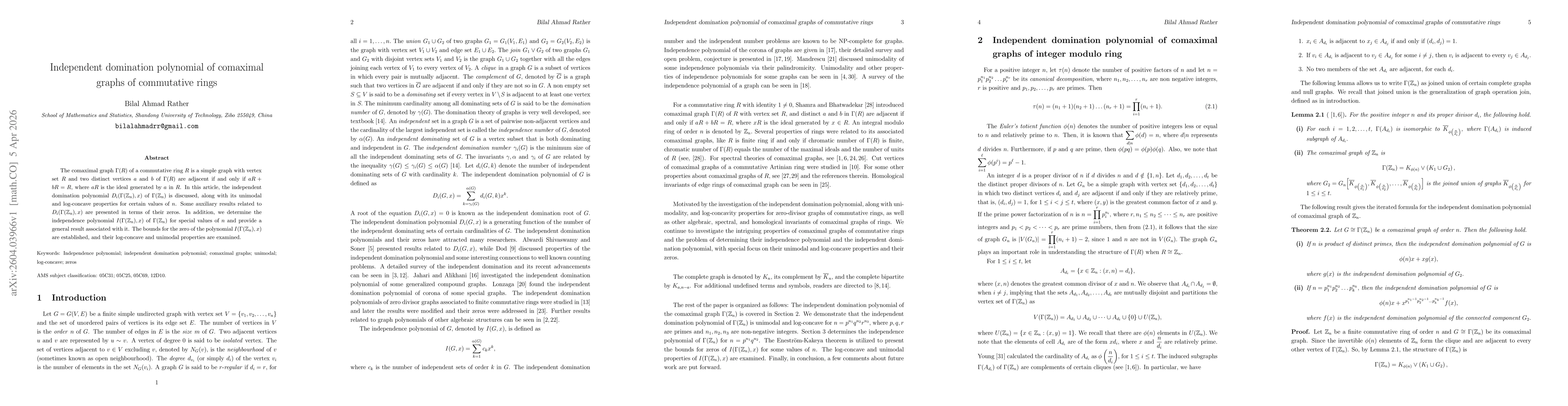 Thumbnail for Independent domination polynomial of comaximal graphs of commutative rings