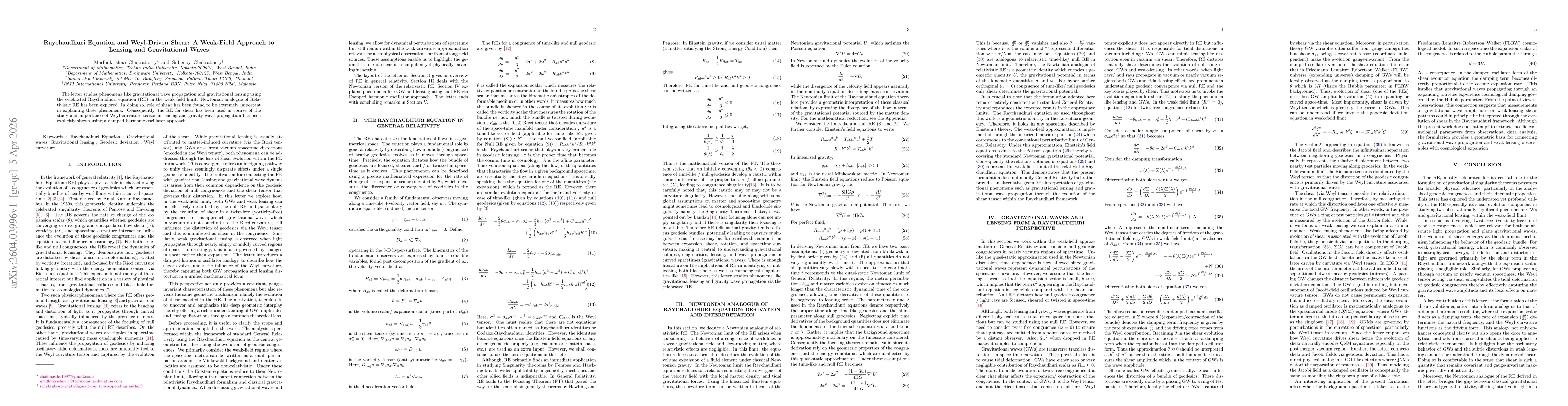 Thumbnail for Raychaudhuri Equation and Weyl-Driven Shear: A Weak-Field Approach to Lensing and Gravitational Waves