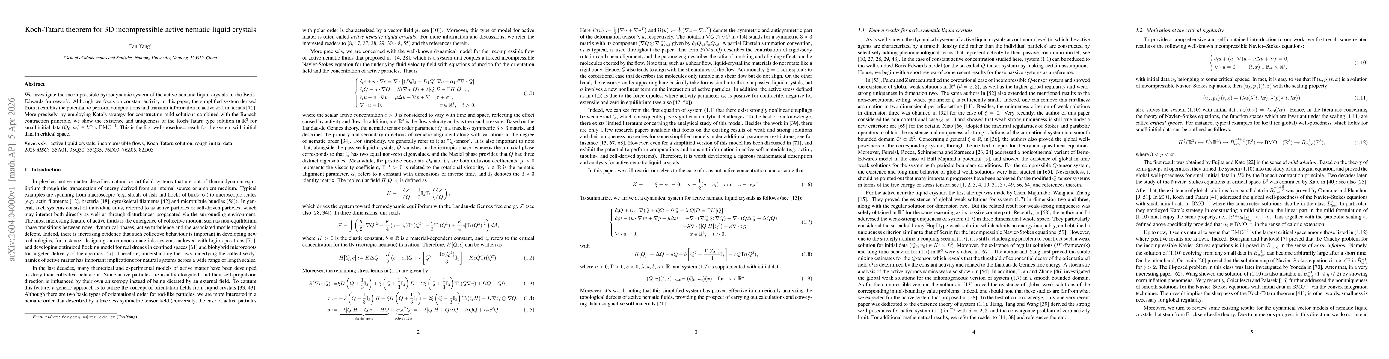 Thumbnail for Koch-Tataru theorem for 3D incompressible active nematic liquid crystals