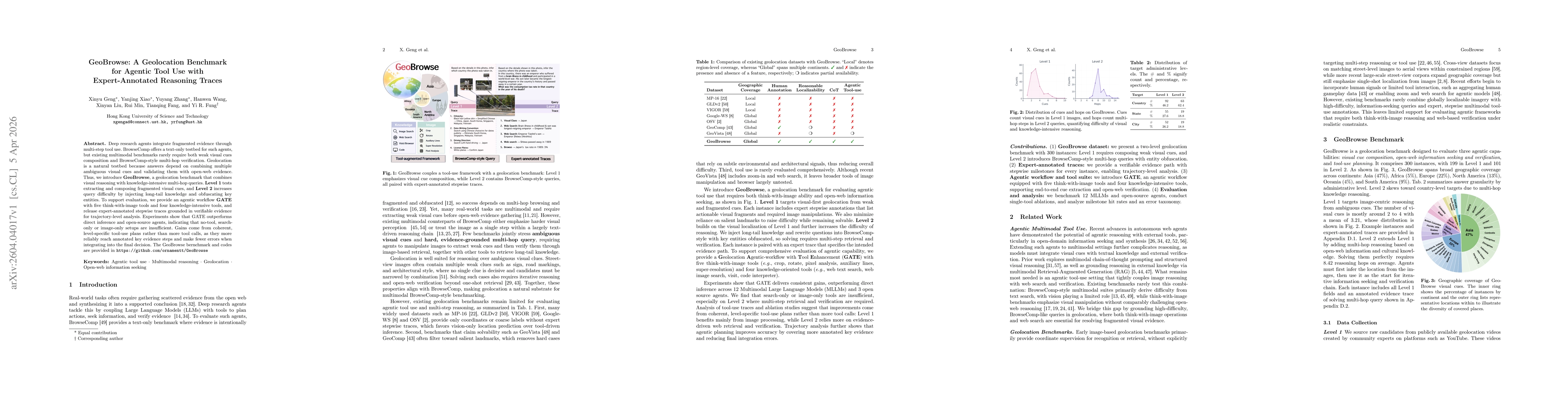 Thumbnail for GeoBrowse: A Geolocation Benchmark for Agentic Tool Use with Expert-Annotated Reasoning Traces