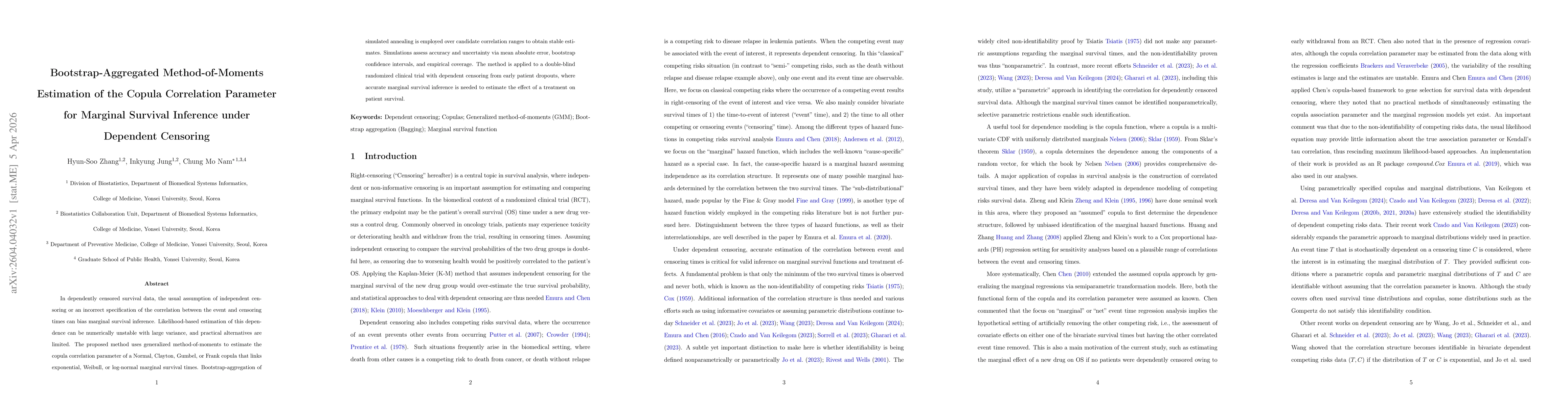 Thumbnail for Bootstrap-Aggregated Method-of-Moments Estimation of the Copula Correlation Parameter for Marginal Survival Inference under Dependent Censoring