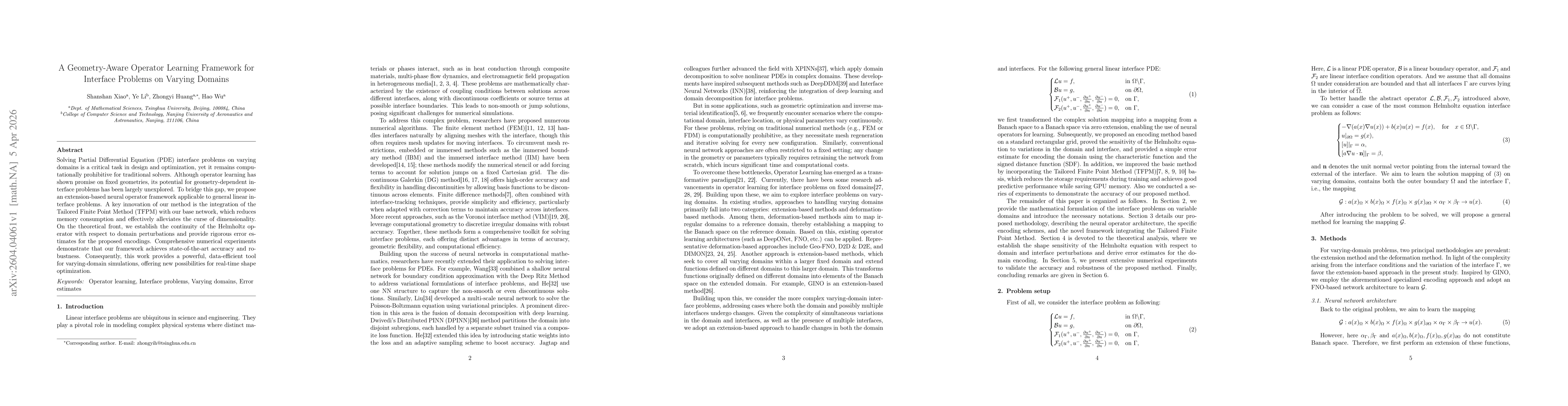 Thumbnail for A Geometry-Aware Operator Learning Framework for Interface Problems on Varying Domains
