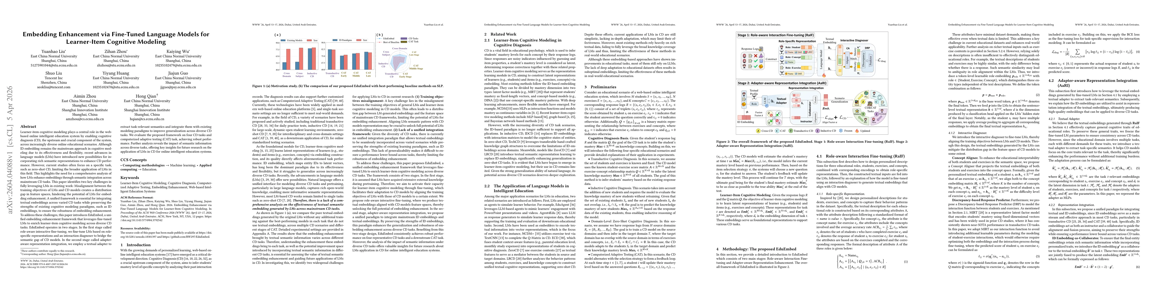 Thumbnail for Embedding Enhancement via Fine-Tuned Language Models for Learner-Item Cognitive Modeling