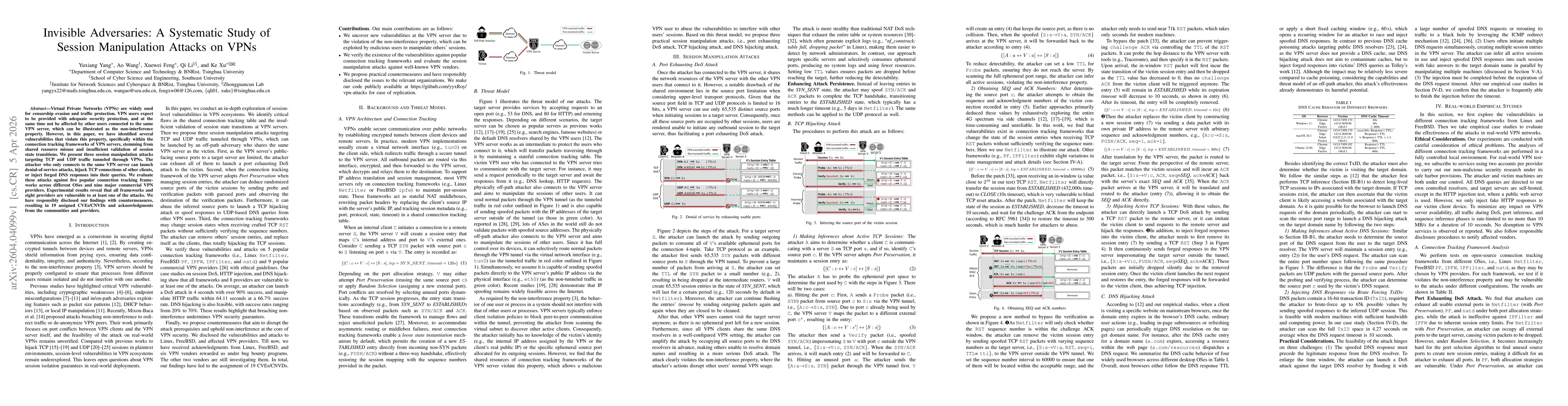 Thumbnail for Invisible Adversaries: A Systematic Study of Session Manipulation Attacks on VPNs