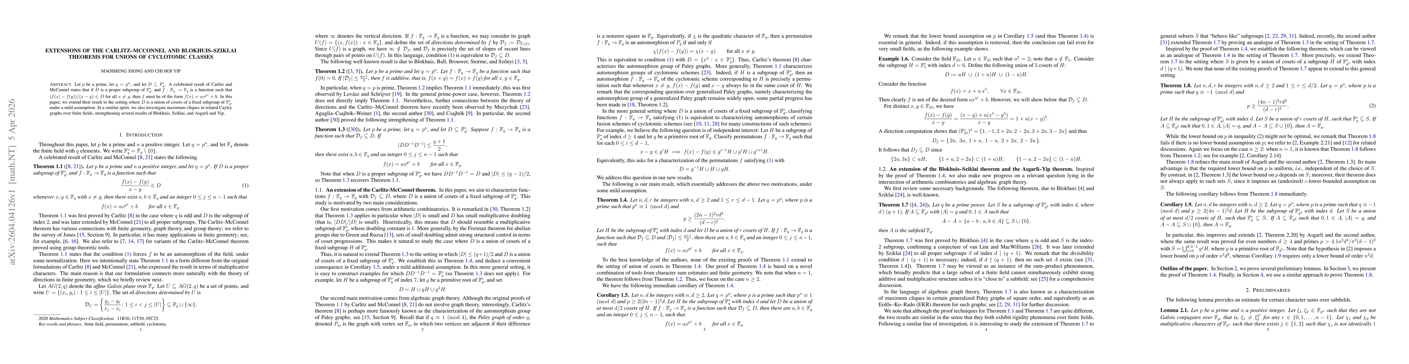 Thumbnail for Extensions of the Carlitz-McConnel and Blokhuis-Sziklai theorems for unions of cyclotomic classes