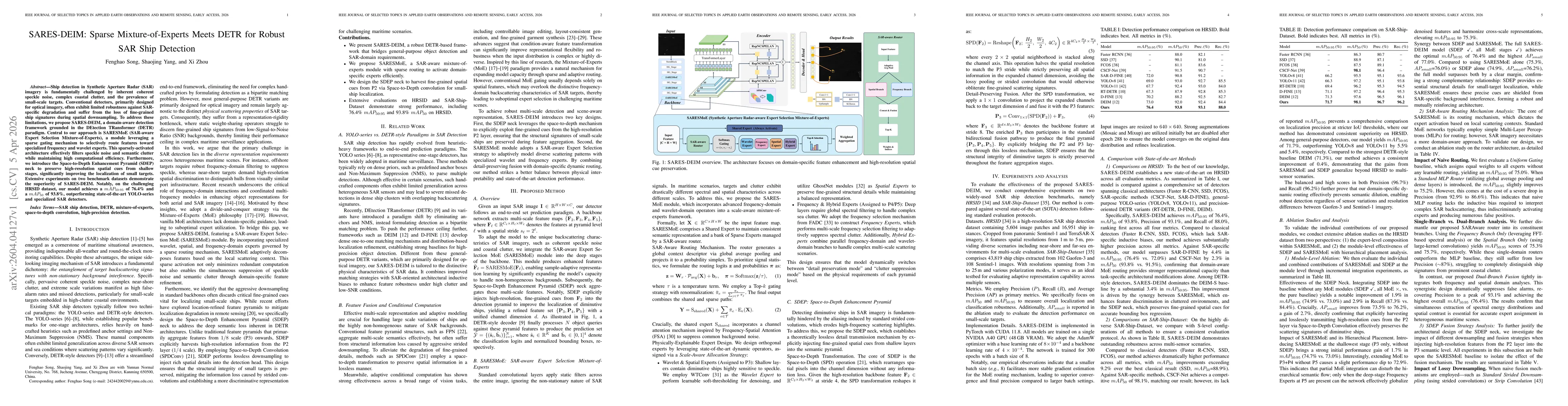 Thumbnail for SARES-DEIM: Sparse Mixture-of-Experts Meets DETR for Robust SAR Ship Detection