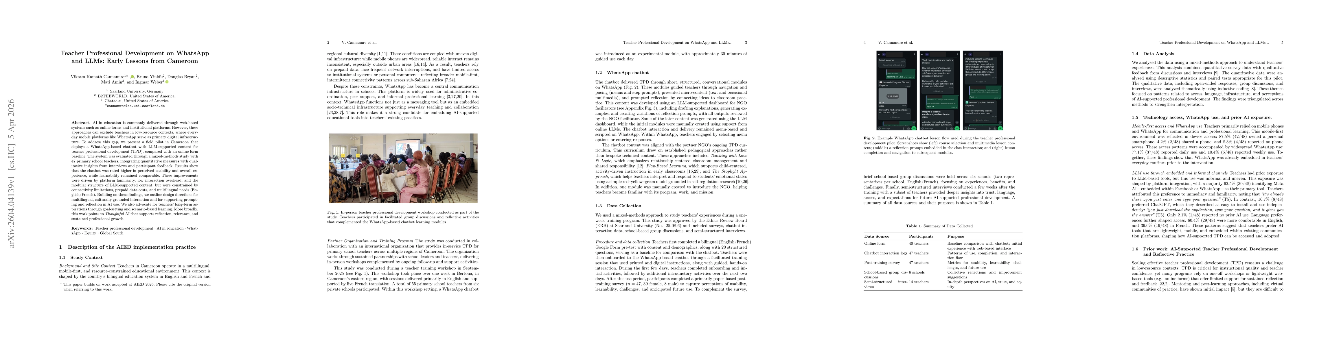 Thumbnail for Teacher Professional Development on WhatsApp and LLMs: Early Lessons from Cameroon