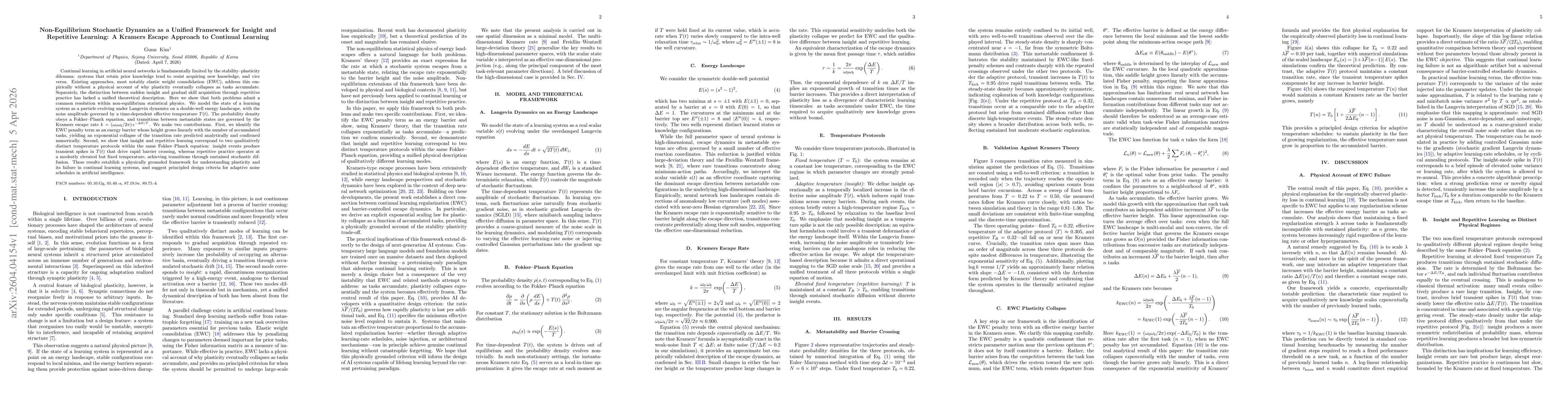 Thumbnail for Non-Equilibrium Stochastic Dynamics as a Unified Framework for Insight and Repetitive Learning: A Kramers Escape Approach to Continual Learning