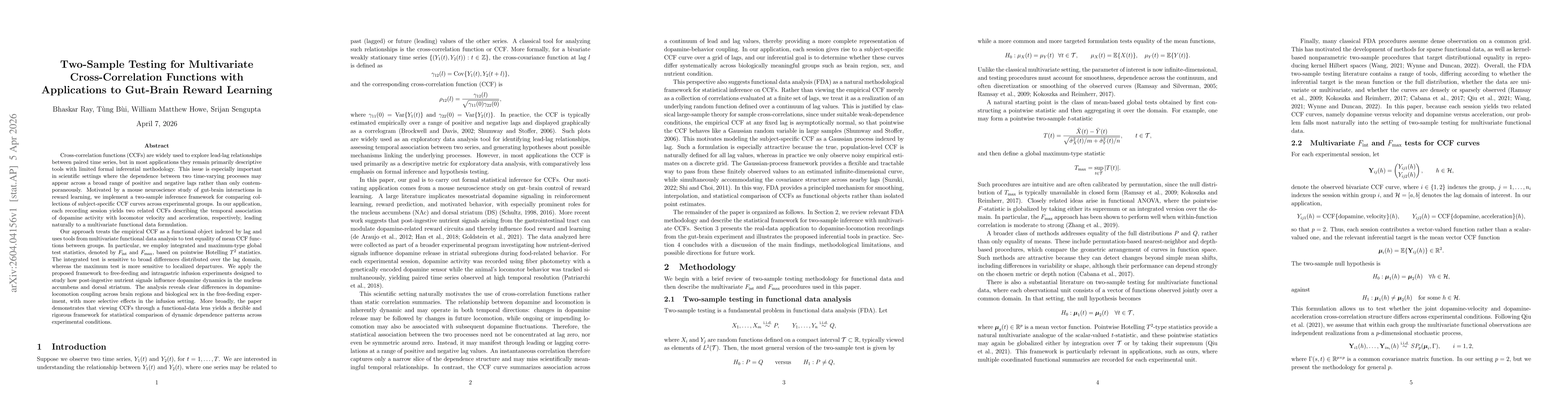 Thumbnail for Two-Sample Testing for Multivariate Cross-Correlation Functions with Applications to Gut-Brain Reward Learning