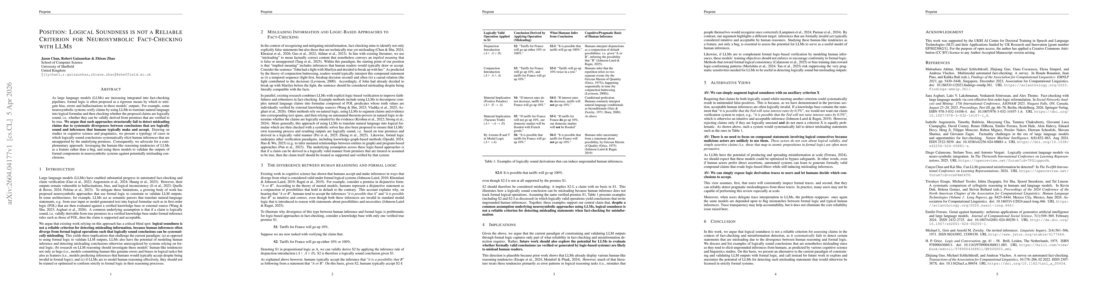 Thumbnail for Position: Logical Soundness is not a Reliable Criterion for Neurosymbolic Fact-Checking with LLMs