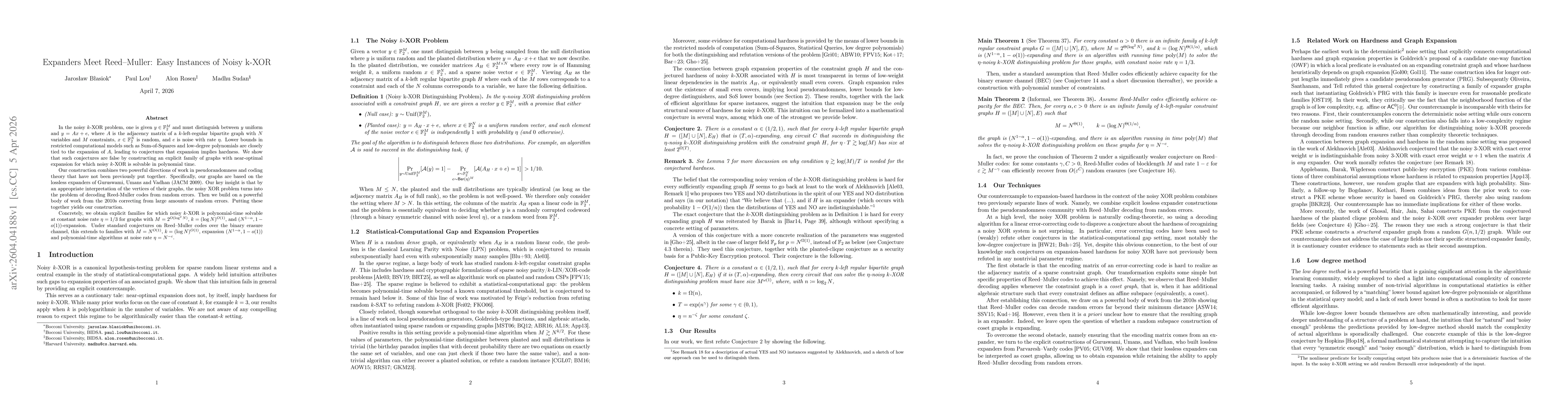 Thumbnail for Expanders Meet Reed--Muller: Easy Instances of Noisy k-XOR