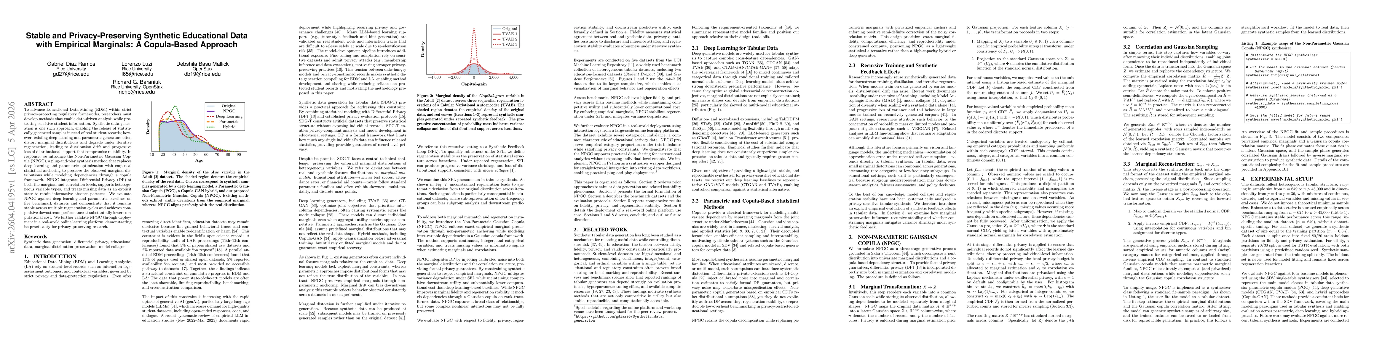 Thumbnail for Stable and Privacy-Preserving Synthetic Educational Data with Empirical Marginals: A Copula-Based Approach
