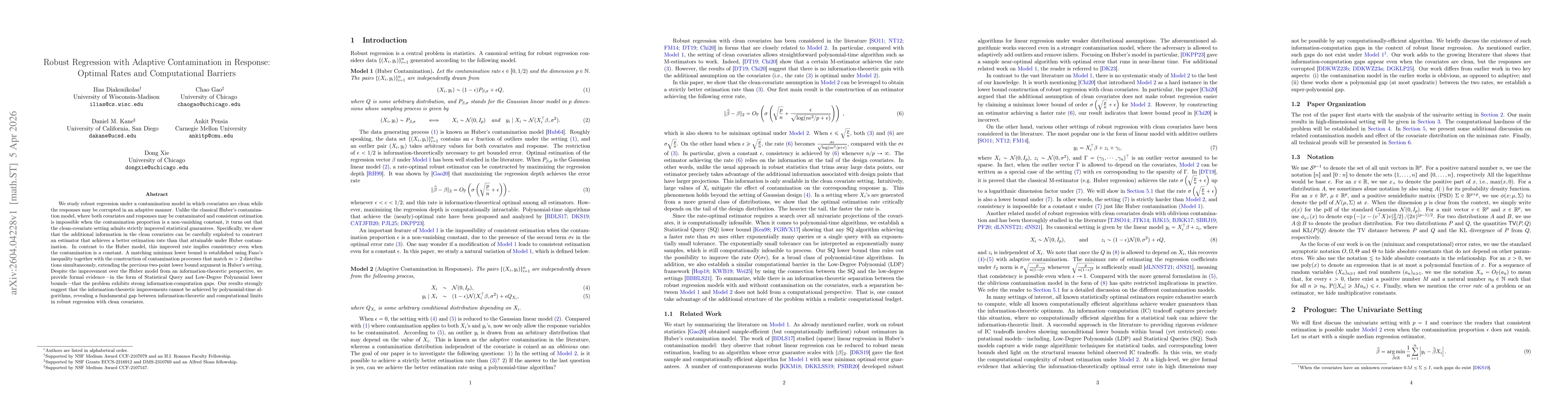 Thumbnail for Robust Regression with Adaptive Contamination in Response: Optimal Rates and Computational Barriers