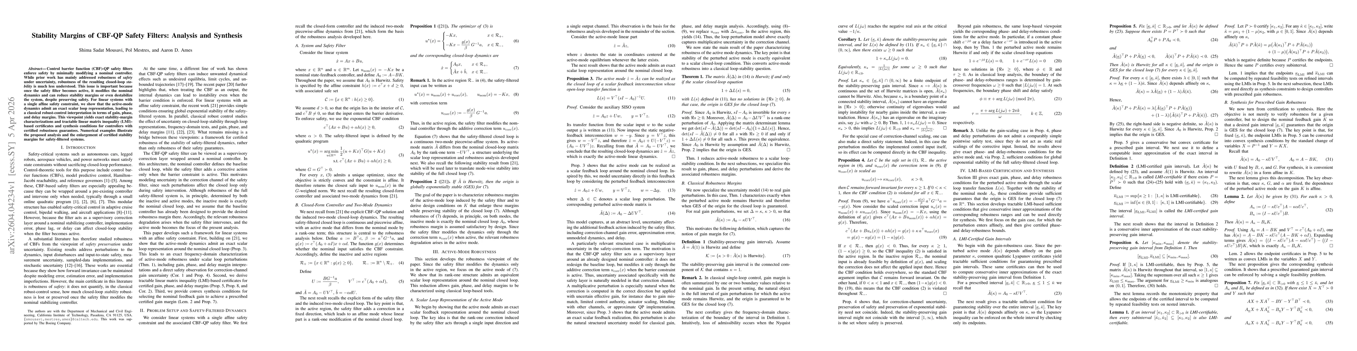Thumbnail for Stability Margins of CBF-QP Safety Filters: Analysis and Synthesis